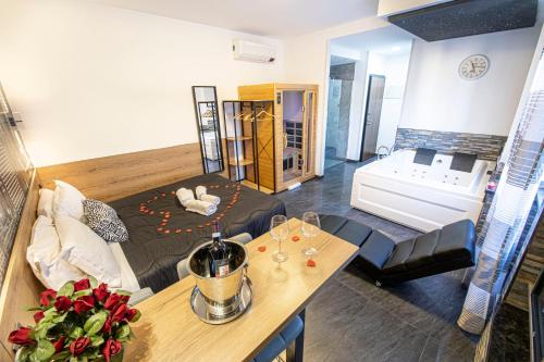 罗马Virtus Prestige - Rooms & Apartments的带沙发和浴缸的客厅