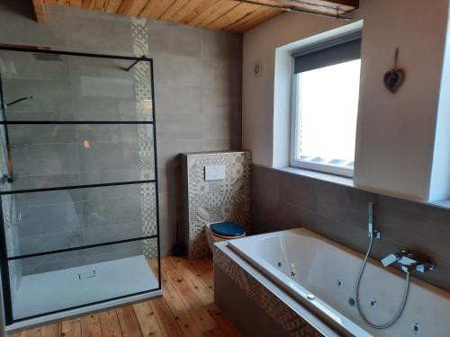 Arsimontles chambres de la cour ( gite )的带浴缸和玻璃淋浴间的浴室。