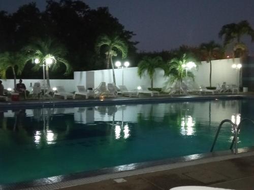 Catia La MarAirport BleuSuite Apartment的棕榈树和灯光的夜间游泳池
