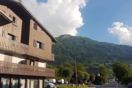 里雾诗Beau duplex lumineux à la montagne Nice flat just underneath MtBlanc的山底街道上的建筑