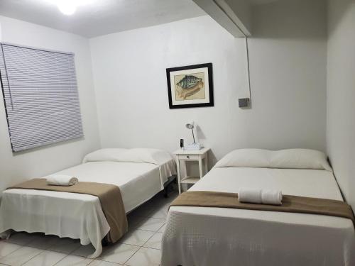 别克斯CRAB ISLAND ADVENTURES APARTMENTS的一间卧室设有两张床、一张桌子和一个窗口