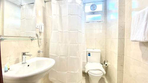 迪拜Concorde Inn Hotel的白色的浴室设有水槽和卫生间。