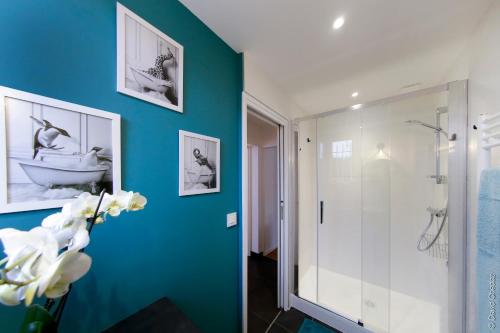 舍诺夫Maison « De Ville en Vigne »的带淋浴和蓝色墙壁的浴室