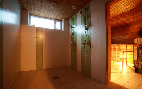 HiiessaareRoograhu guesthouse&resto的带淋浴的浴室和窗户。