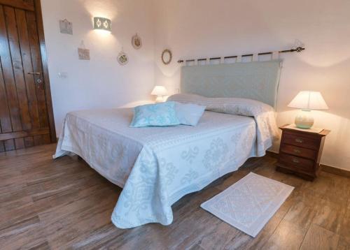 奥尔比亚Sealine Villa with an amazing view of Tavolara的一间卧室设有一张大床,铺有木地板