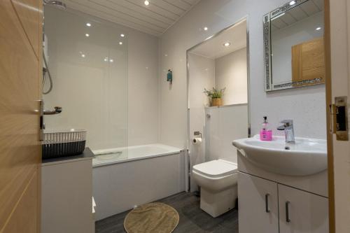 爱丁堡New 3-Bedroom Apartment Close to City Centre的一间带水槽、卫生间和镜子的浴室