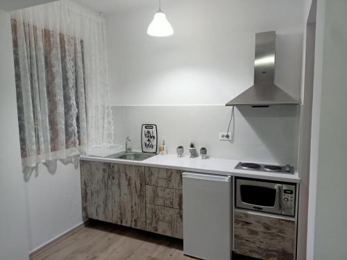 吉诺卡斯特Room Click inn的白色的厨房配有水槽和微波炉