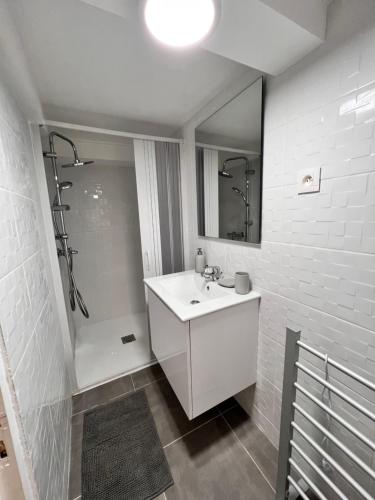 伯伊Chalet Millou Beuil的白色的浴室设有水槽和淋浴。