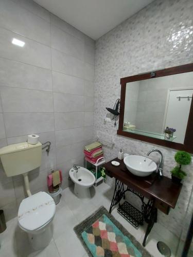 富尔纳斯Casa do Vale Encantado的一间带卫生间、水槽和镜子的浴室
