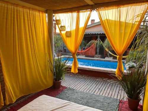 楚伊PAZ Y ARMONÍA en chuy 2的庭院设有黄色窗帘和植物,还设有游泳池