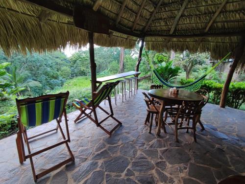 Santa CruzEco-Lodge El Porvenir.的庭院配有桌椅和吊床。