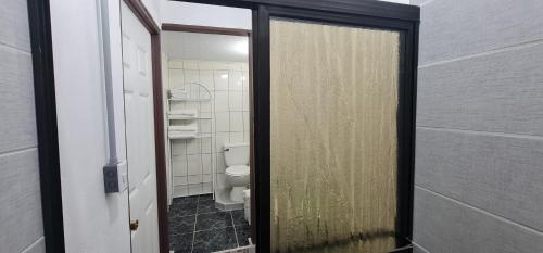 SiquirresSleep&Go! Family room - Cabina empresarial en Siquirres的一间带卫生间和玻璃门的浴室