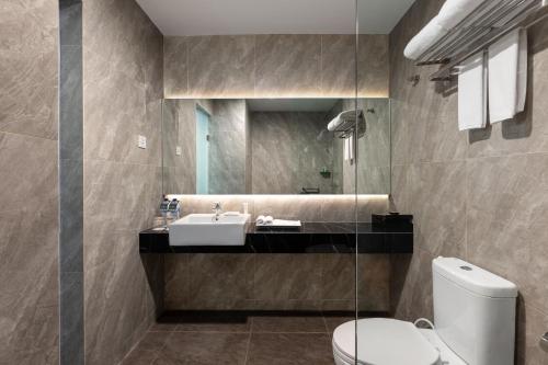 巴淡岛中心Hotel Santika Batam的一间带水槽、卫生间和镜子的浴室