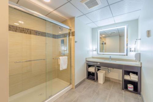 特勒斯Quality Inn Sunshine Suites的一间带玻璃淋浴和水槽的浴室