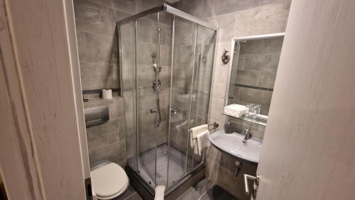 施莱希Hotel & Restaurant - Zum Schleicher Kuckuck的带淋浴、卫生间和盥洗盆的浴室