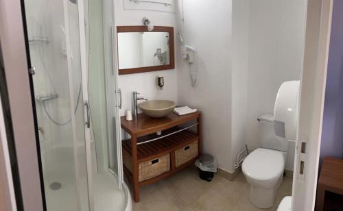 维希现代酒店的一间带水槽、淋浴和卫生间的浴室