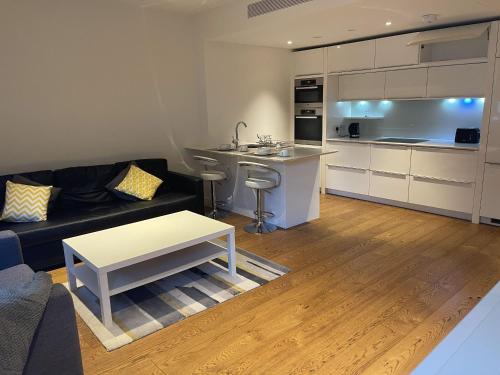 伦敦Clarges -Selfridges Luxury Apartment的带沙发的客厅和厨房