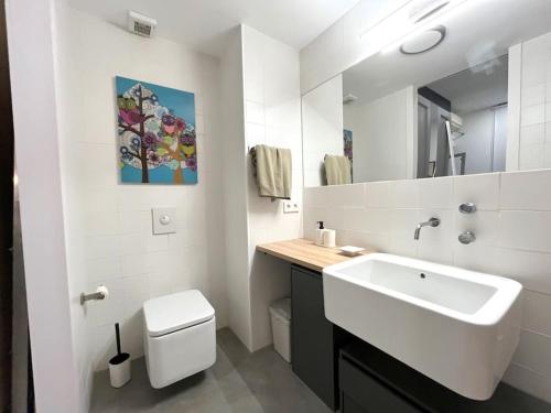 马德里Precioso estudio en Barajas, a un paso del Metro的白色的浴室设有水槽和卫生间。
