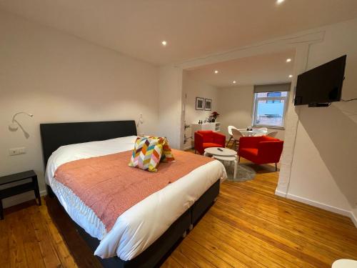 迪南Les Gîtes Du Palais的一间卧室设有一张床和一间客厅。