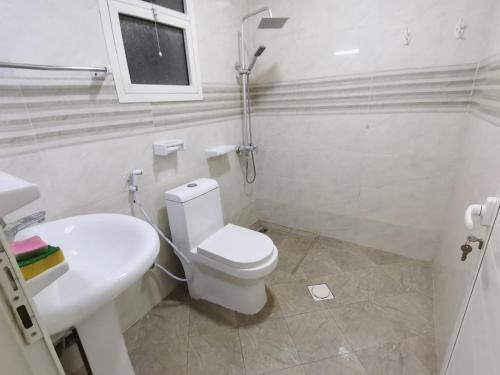 阿吉曼استوديو مفروش的白色的浴室设有卫生间和水槽。