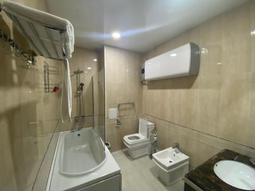 杜尚别Sunrise Apartments的一间带水槽和卫生间的浴室