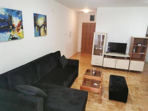 斯特鲁米察007 Apartments - TC Global, Strumica, Macedonia的客厅配有黑色沙发和电视
