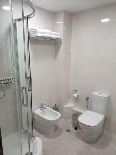 卡尔季察Olive Deluxe Room的白色的浴室设有卫生间和淋浴。