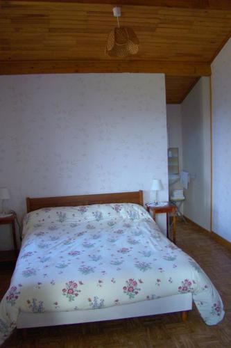 圣皮尔拉菲CHAMBRES D'HOTES LES GRAVES的一间卧室配有一张带花卉床罩的床
