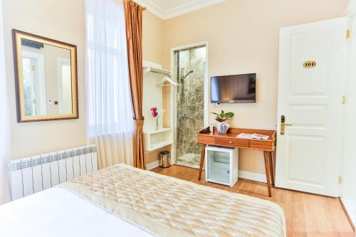 伊斯坦布尔HANENDE HOTEL的一间卧室配有一张床、一张书桌和一台电视