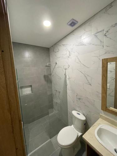 卡塔赫纳Hotel El Faro的带淋浴、卫生间和盥洗盆的浴室