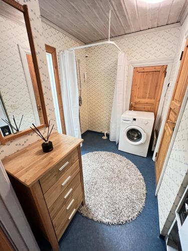 萨伦Norra Brändan的一间带洗衣机和地毯的小浴室