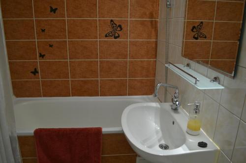 尼赖吉哈佐Sweet Dreams Apartman的浴室配有盥洗盆和浴缸。