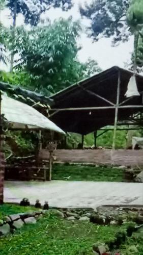 TukumGlamping Kalimarno Wonosalam的院子里带大雨伞的野餐桌