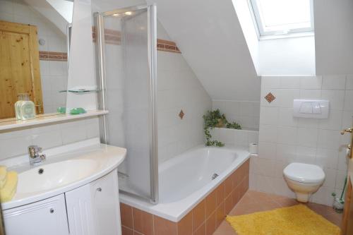 毛特恩多夫Landhaus Gartler的带淋浴、盥洗盆和卫生间的浴室