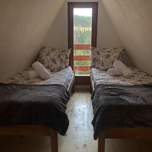 ŠljivovicaThe Tara Concept的两张床位于带窗户的房间内