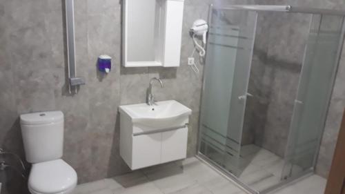 博卢Bolu Deluxe Otel的浴室配有卫生间、淋浴和盥洗盆。