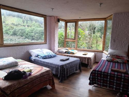巴尼奥斯CASA JUANA DE ORO的客房设有两张床、一张沙发和窗户。