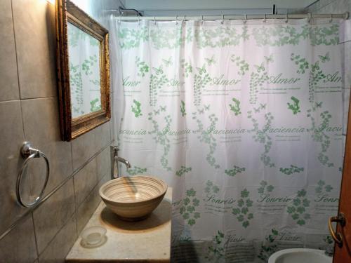 内乌肯Casa mora!的一间带卫生间和淋浴帘的浴室