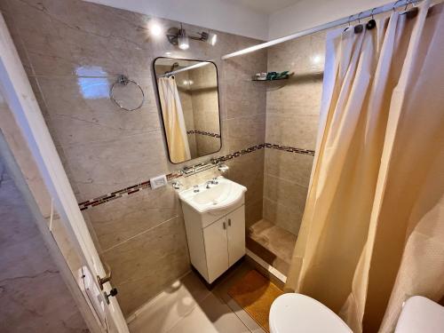 乌斯怀亚Bahía Golondrina的一间带水槽、镜子和卫生间的浴室