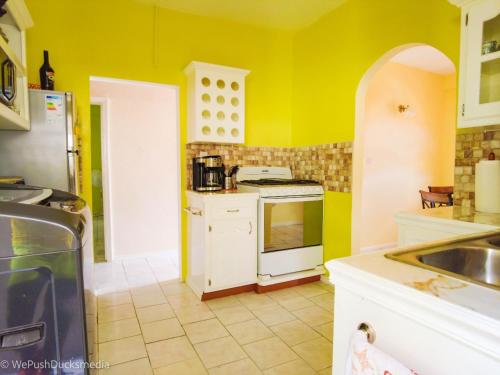 苏弗里耶尔Coco Rose Apartments的厨房设有黄色的墙壁和白色的炉灶烤箱。