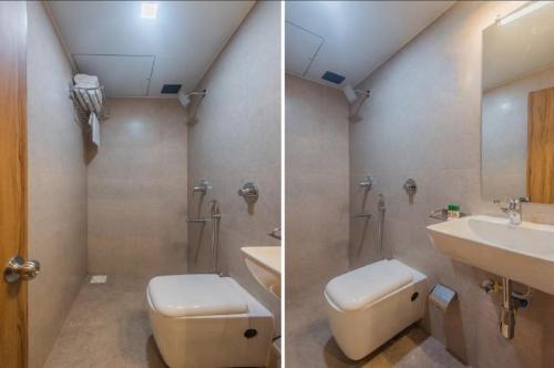 孟买Aster Hotel Near Mumbai Airport的浴室的两张照片,配有卫生间和水槽