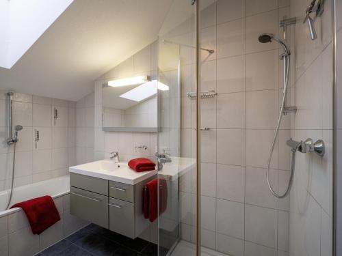 蒂罗尔-基希贝格Apartment Bergsicht - Kirchberg in Tirol的一间带水槽和淋浴的浴室