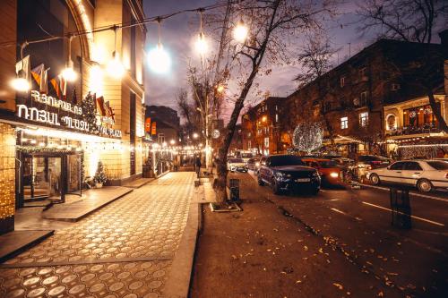 埃里温Royal Plaza by Stellar Hotels, Yerevan的夜间有车辆停放的城市街道