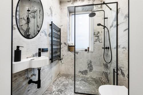 考纳斯Oldtown Trinity House的带淋浴、盥洗盆和镜子的浴室