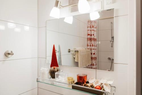 赛特朵夫Knusperhäuschen的浴室设有镜子,还有一只猫坐在架子上