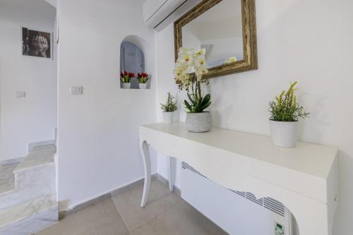 古穆斯卢克Amazing Duplex House with Sea View in Bodrum的白色的房间,桌子上装有镜子和植物