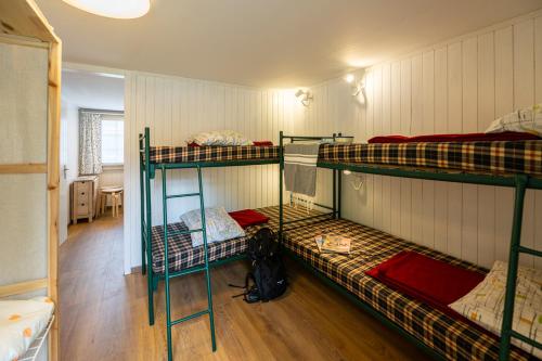 劳特布龙嫩Camping Jungfrau的一间设有三张双层床的客房,设有走廊