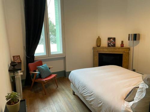 瓦朗斯Appartement Signature Art Déco的一间卧室配有一张床、一把椅子和一个壁炉