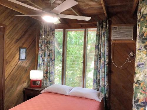 桑迪湾Tropical Treehouse的一间卧室配有一张带吊扇和窗户的床。