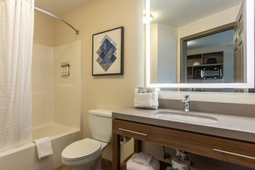 布拉夫顿布拉夫顿-希尔顿黑德烛木套房酒店的一间带卫生间、水槽和镜子的浴室